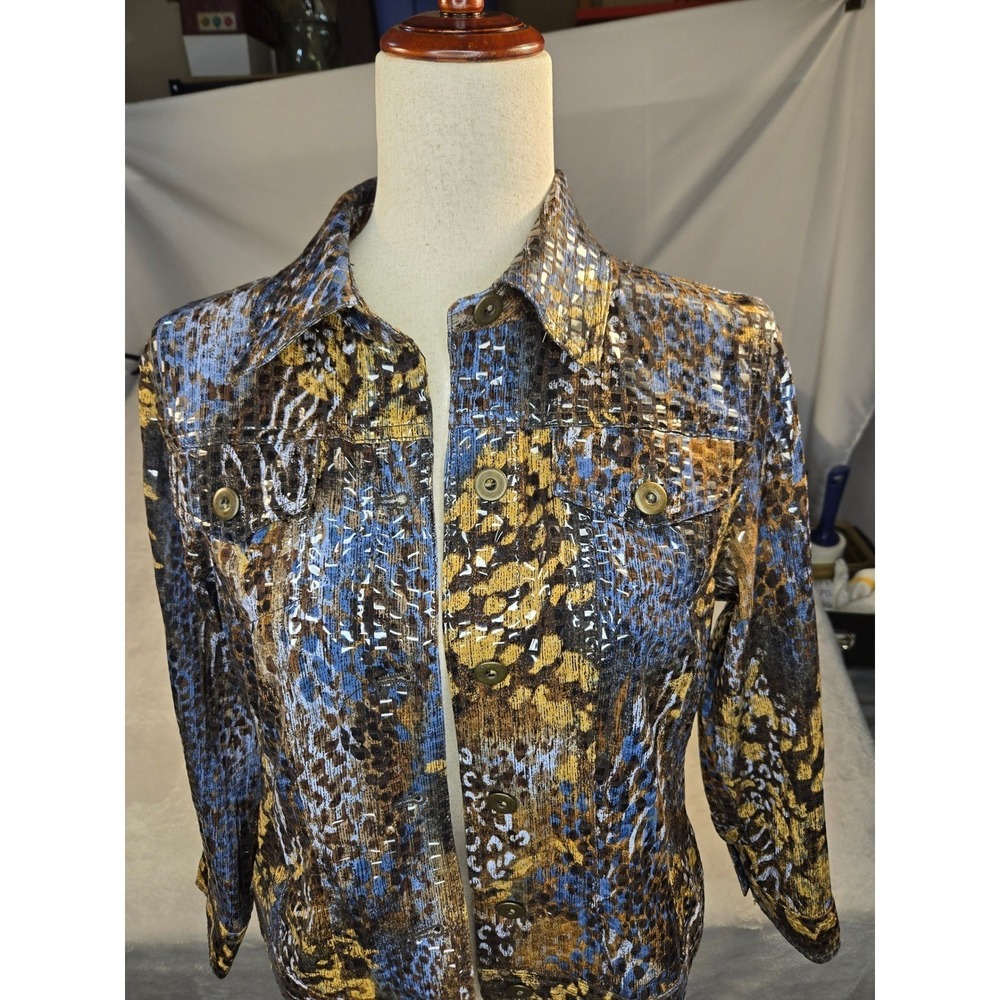 Ruby Rd. Petite Animal Print Metallic Foil Button Front Jacket Blue Gold 8P
